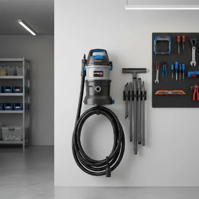 Bissell Garage Pro Wall Mount Shop Vacuum mounted in a clean garage with hose and accessories organized