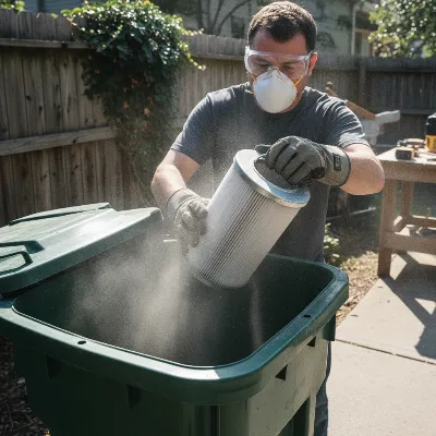 A person wearing gloves tapping a shop vacuum filter against a trash can outside to dislodge dry debris.