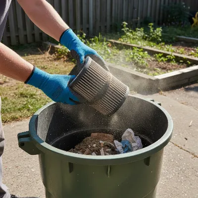 A person cleaning a clogged shop vacuum filter, tapping it gently to remove dry dust outdoors, with safety gloves