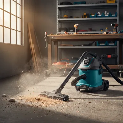 A battery-powered shop vacuum on a construction site, surrounded by sawdust and debris, highlighting its portability and effectiveness for heavy-duty cleanup tasks.