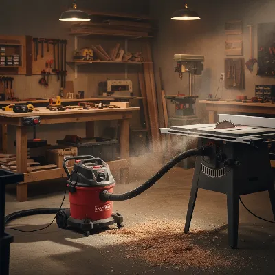 Craftsman 16 Gallon Shop Vacuum in a bustling woodworking workshop, capturing sawdust and debris with its powerful hose.