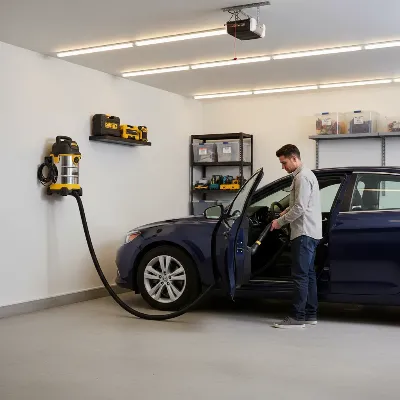 DeWalt DXV06G wall-mounted shop vacuum securely mounted in a small garage, cleaning a car interior