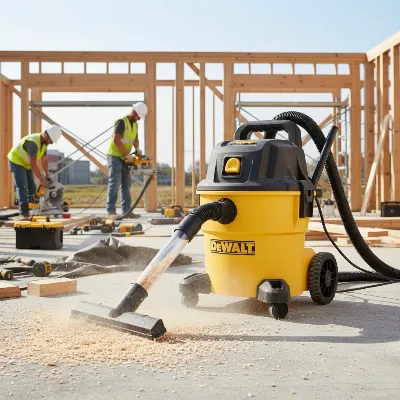 DeWalt 9-gallon wet dry shop vacuum on a jobsite cleaning up debris with workers in background.
