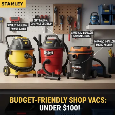 A collection of diverse budget shop vacuums under $100, showcasing various sizes and designs.