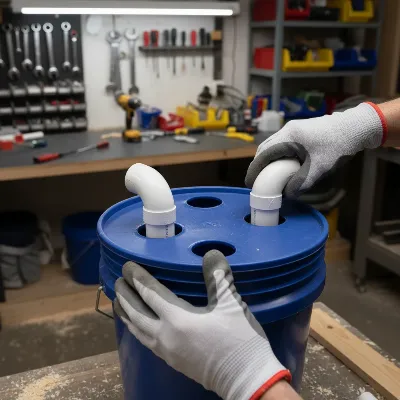 Assembling a DIY cyclone dust separator for a shop vacuum with pipes and a bucket.