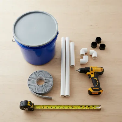 Essential materials for building a DIY shop vacuum dust separator including buckets, pipes, and fittings.