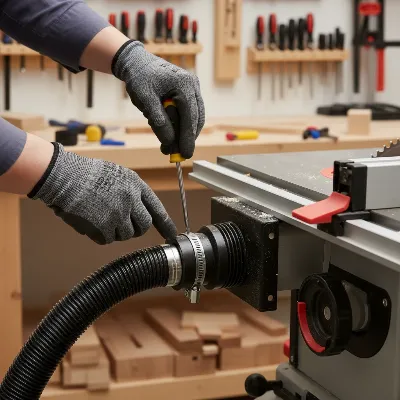 A person's hands tightening a hose clamp on a flexible rubber adapter connecting a shop vacuum hose to a table saw dust port in a well-lit workshop.