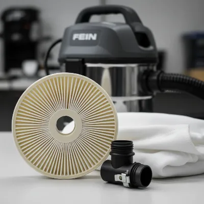 Fein Turbo I shop vacuum with filters and accessories laid out for maintenance.