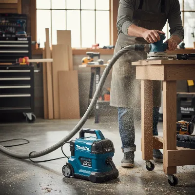 User operating Makita XCV11 in a workshop, collecting sawdust from a power tool
