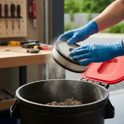 A person cleaning a shop vacuum filter as part of regular maintenance to prevent clogs.