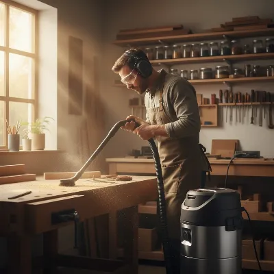 A person using a quiet shop vacuum to clean fine sawdust from a woodworking bench in a home workshop, with sunlight streaming through a window. The vacuum is sleek and modern, emphasizing its low noise and efficient dust collection.