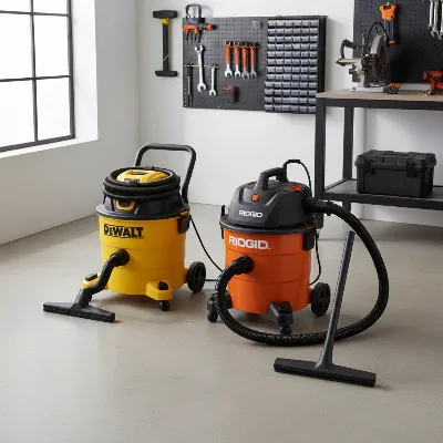 Two shop vacuums, one Ridgid and one DeWalt, side-by-side in a clean workshop, highlighting their design differences and professional appearance.