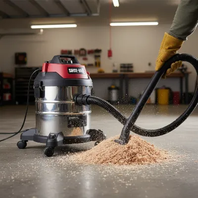 Shop-Vac 5 Gallon Stainless Steel Wet/Dry Vacuum in a garage workshop, capturing sawdust.
