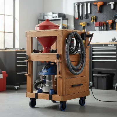 A custom-built shop vacuum cart with an integrated dust separator, demonstrating enhanced stability and organization.