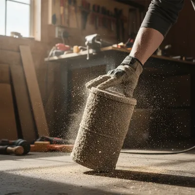 Close-up of a hand cleaning a dirty shop vacuum filter by tapping it, highlighting the dust clouds
