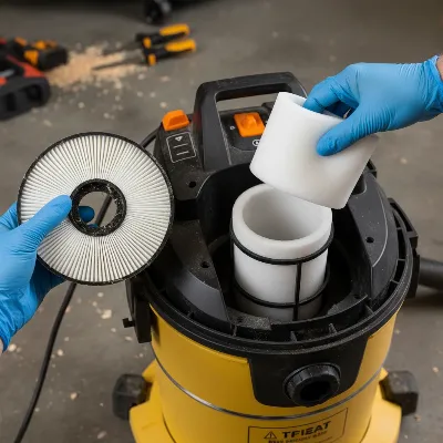 Hands demonstrating the removal of a dry paper filter from a shop vacuum and the installation of a foam sleeve for wet pickup, emphasizing the preparation step.