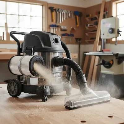 A powerful HEPA shop vacuum actively collecting fine sawdust and debris from a workshop floor.