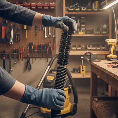Person using a flexible tool to clear a clogged shop vacuum hose, demonstrating routine maintenance