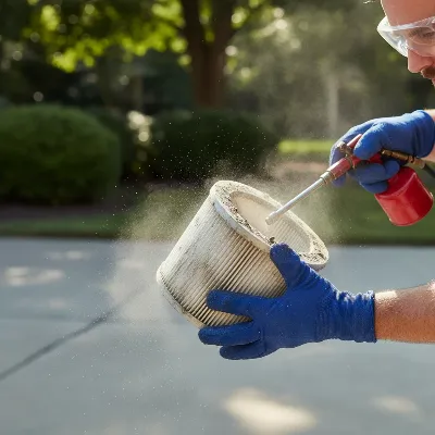 A person cleaning a Shop-Vac cartridge filter with compressed air in an outdoor setting.