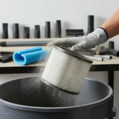 A hand carefully cleaning a shop vacuum's cartridge filter over a waste bin, with a clean foam sleeve and other accessories neatly stored in the background.
