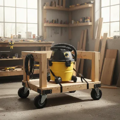 A DIY wooden cart designed to enhance shop vacuum stability, featuring a wider base and larger, heavy-duty casters for improved mobility.