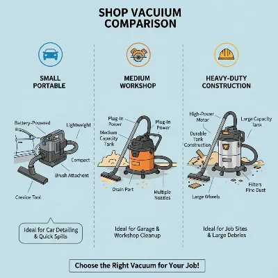 Illustration comparing different types of shop vacuums based on size and features in a workshop setting