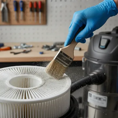 Close-up of a hand cleaning a HEPA filter from a shop vacuum with a brush