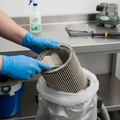 A person cleaning the filter of a heavy duty shop vacuum, emphasizing proper maintenance for extended lifespan. Clean, well-lit workshop setting, detailed hands-on shot, realistic style.