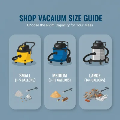 An illustrative graphic comparing three different sizes of shop vacuums (small, medium, large capacity) with labels for their typical gallon ranges.