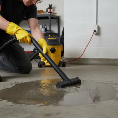 A person safely using a shop vacuum to remove a puddle of water from a garage floor, wearing gloves and safety glasses, with the vacuum plugged into a GFCI outlet.