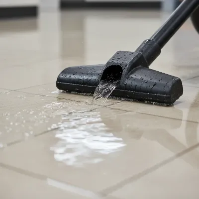 A close-up shot of a shop vacuum's wet nozzle efficiently sucking up a stream of water from a tiled floor, highlighting the effective water removal process.
