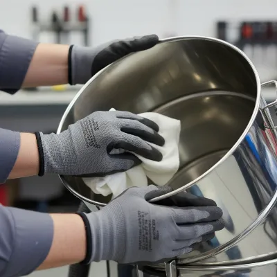 A close-up of a person carefully wiping down the interior of a stainless steel shop vacuum tank with a cloth after use, showing good maintenance practice.