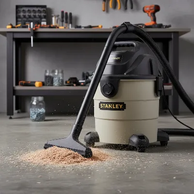 Stanley 6-gallon wet/dry shop vacuum in a workshop setting, emphasizing its strong suction for debris.