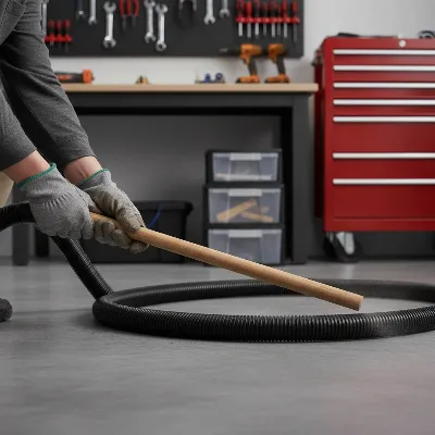A technician demonstrating how to push a clog out of a shop vacuum hose using a broomstick.