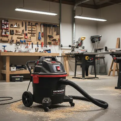 Large capacity Vacmaster Professional shop vacuum in a busy woodworking workshop