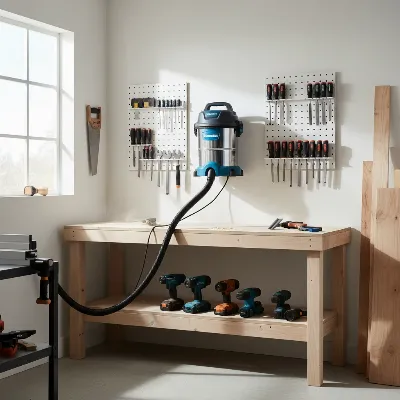 Vacmaster VWM510 wall-mounted shop vacuum with accessories in a small, organized woodworking shop