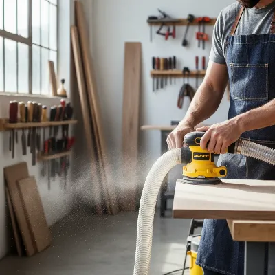 Woodworker connecting a shop vacuum to a power tool to collect sawdust at the source.